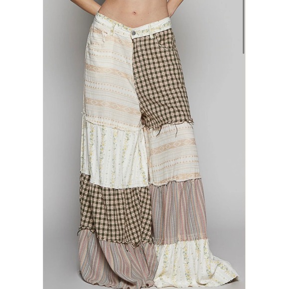 POL Pants - POL Panel Patchwork Wide Leg Pants Medium Tan Plaid Boho Floral